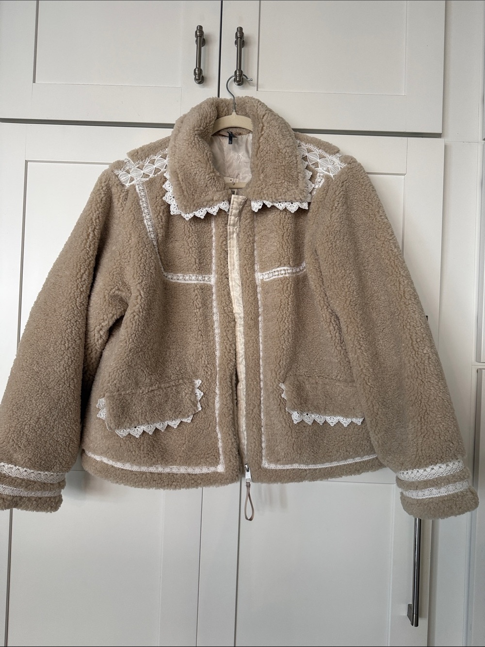 Anthropologie Taupe Sherpa Jacket with White Lace Trim